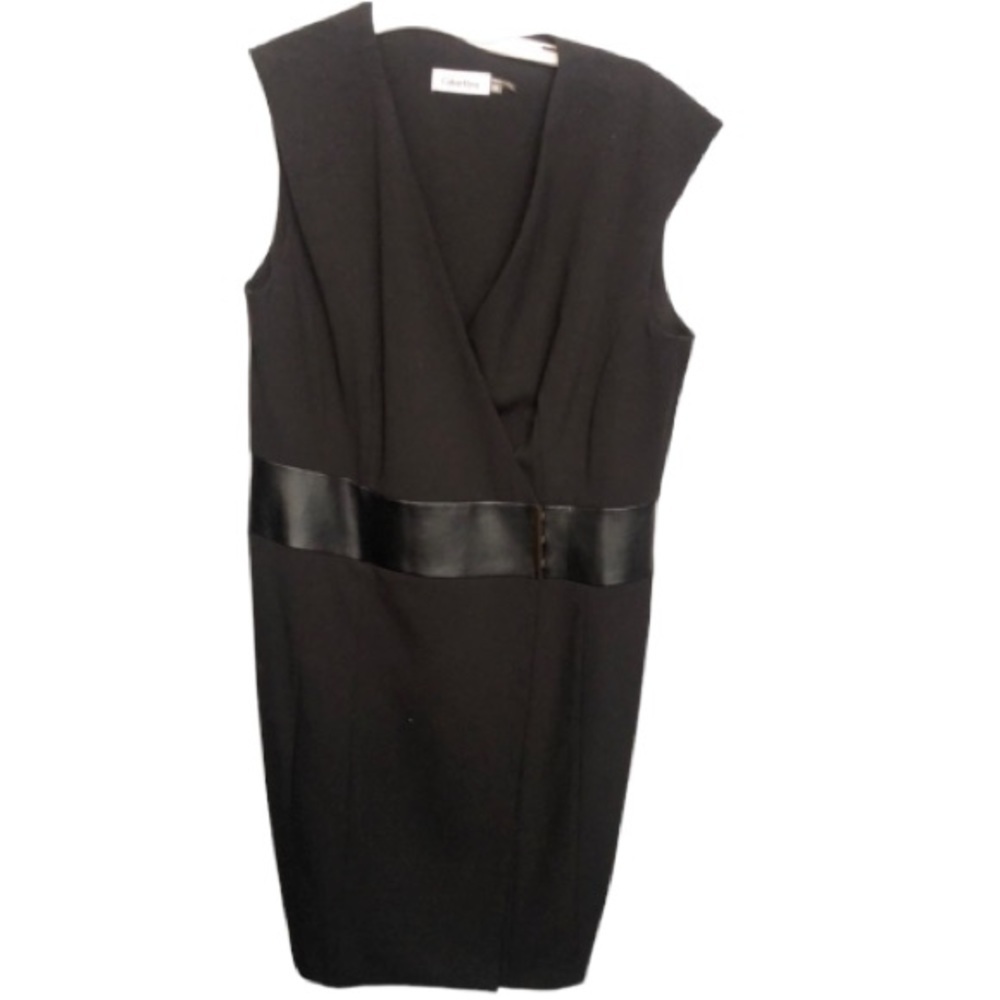 Calvin Klein size 10 Black sleeveless V- neck wrap dress leather & gold details